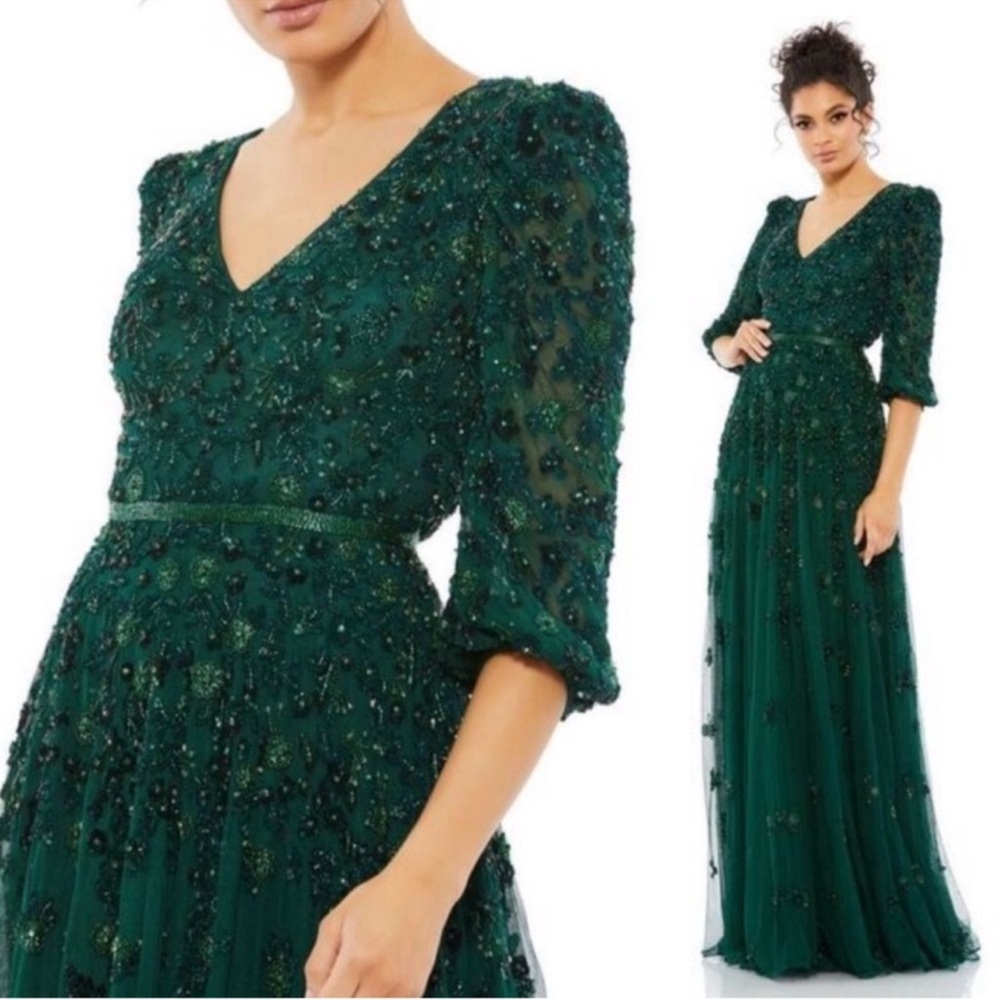 MAC DUGGAL Emerald Floral Beadwork Embellished V-Neck 3/4 Sleeve A Line Gown